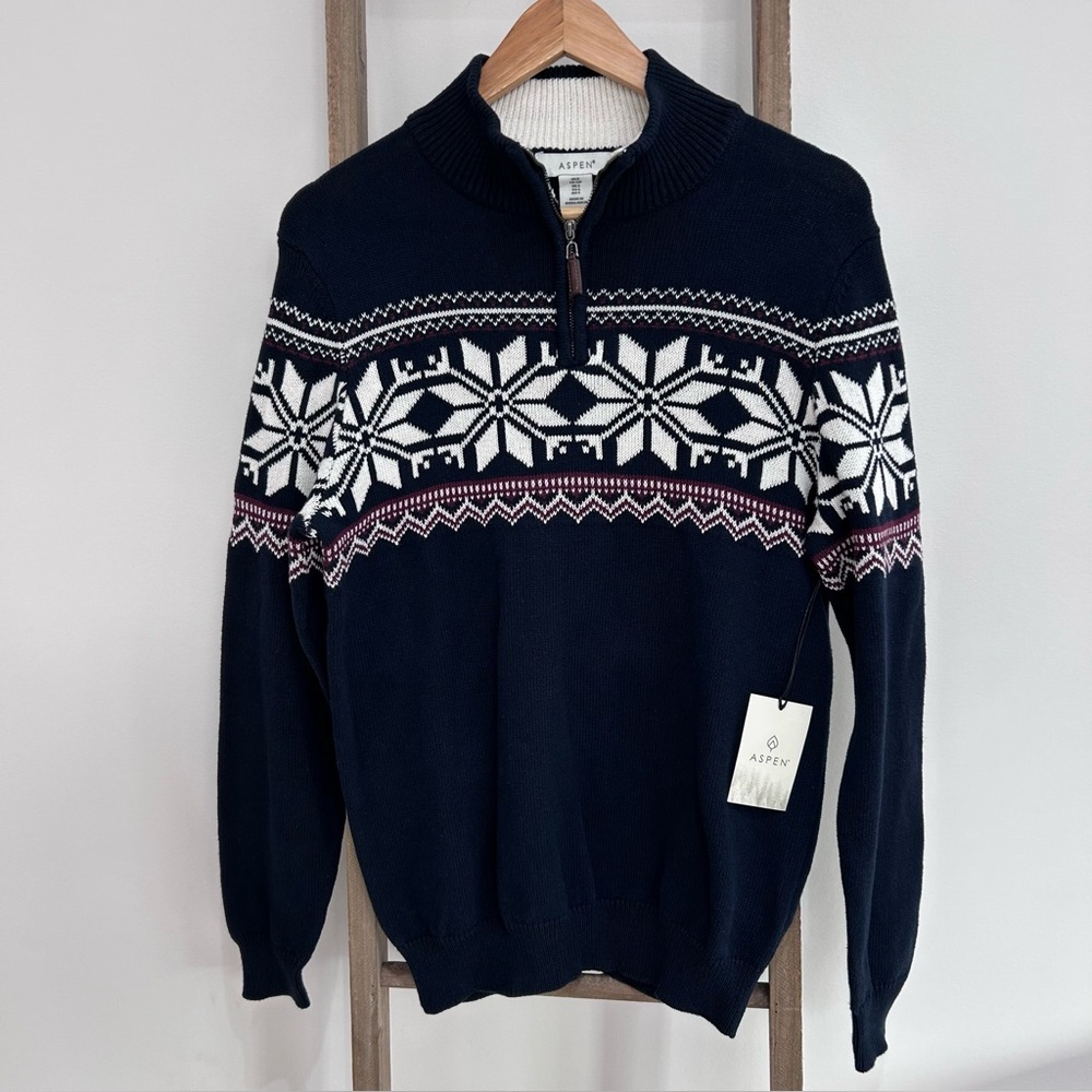 Aspen Fair Isle Cotton Knit Snowflake Sweater 1/4 Zip Navy Men Size S NWT